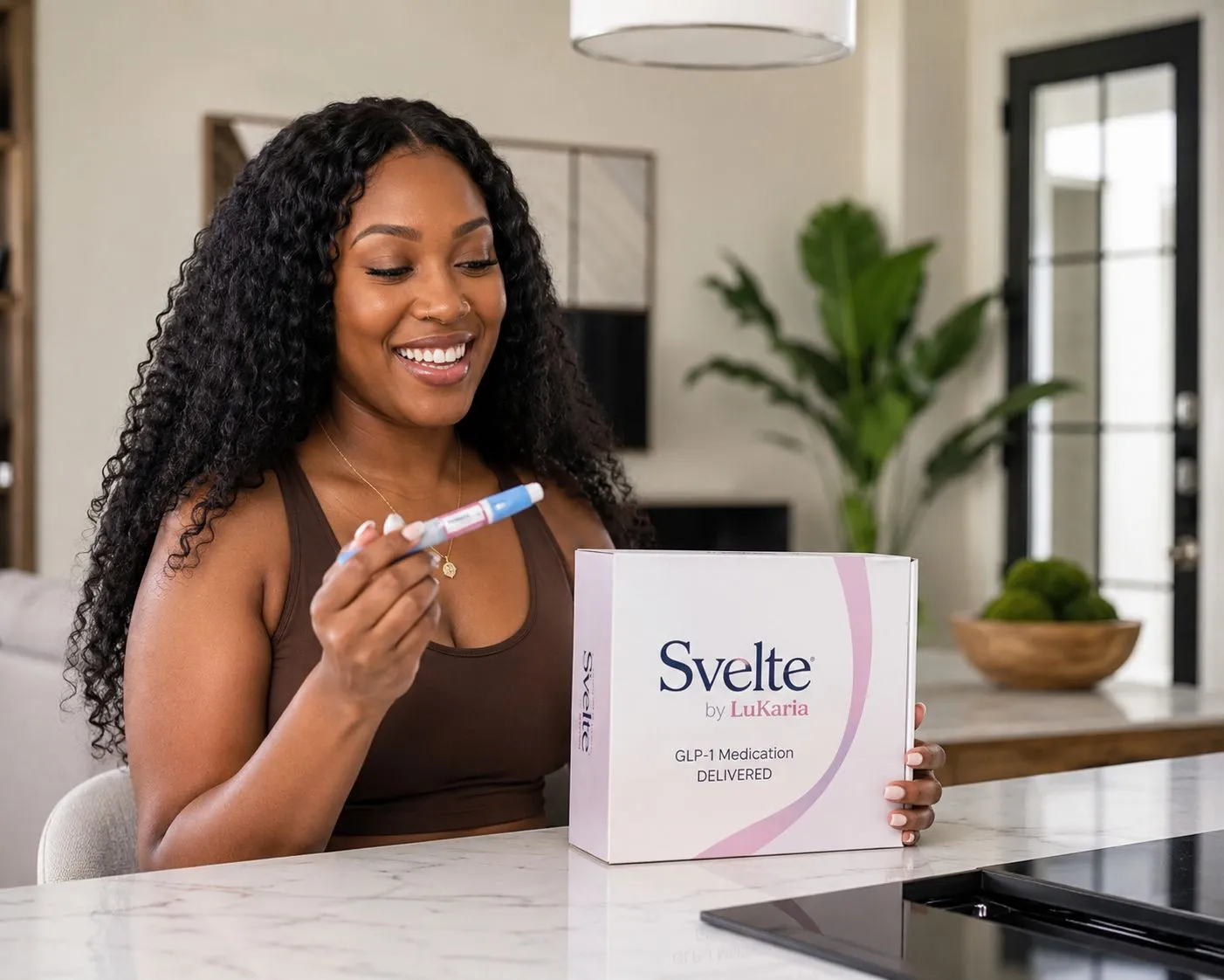 Woman at home with GLP-1 medication supplies, illustrating virtually delivered medically supervised weight loss